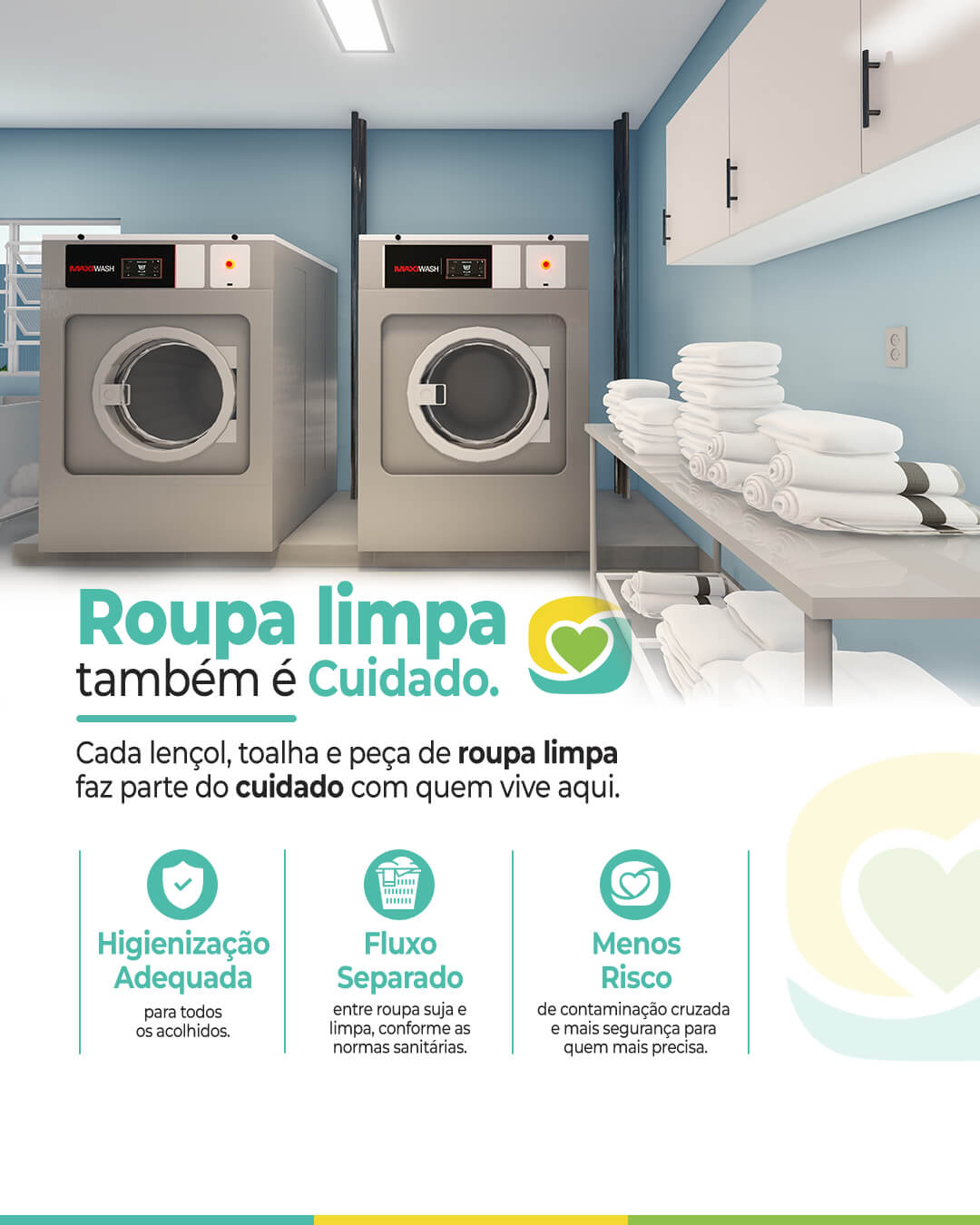 Máquinas industriais e roupas limpas organizadas na lavanderia